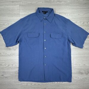 Tulliano Men's Button Down Shirt Silk Short Sleeve Blue XL Textured Camp Pocket